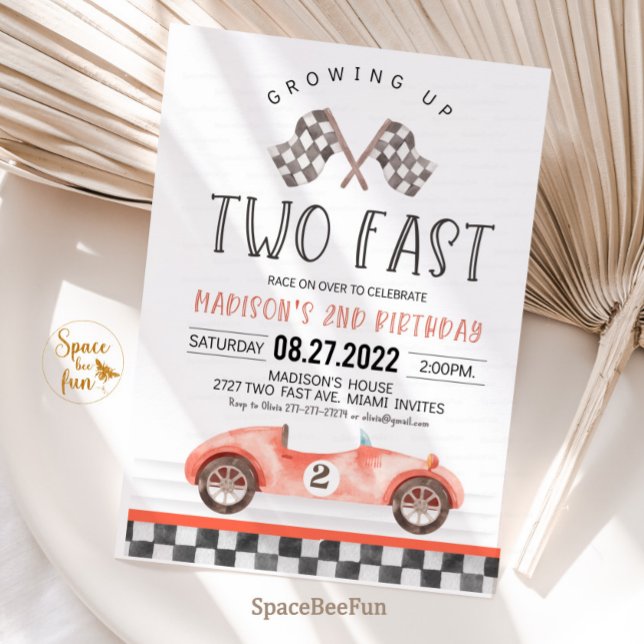 Två snabbdagsinbjudningar till Tävling-bilen, andr Inbjudningar (Two Fast Birthday Invitation Race Car 2nd Birthday Invite Racing Car Vintage Racecar 
)
