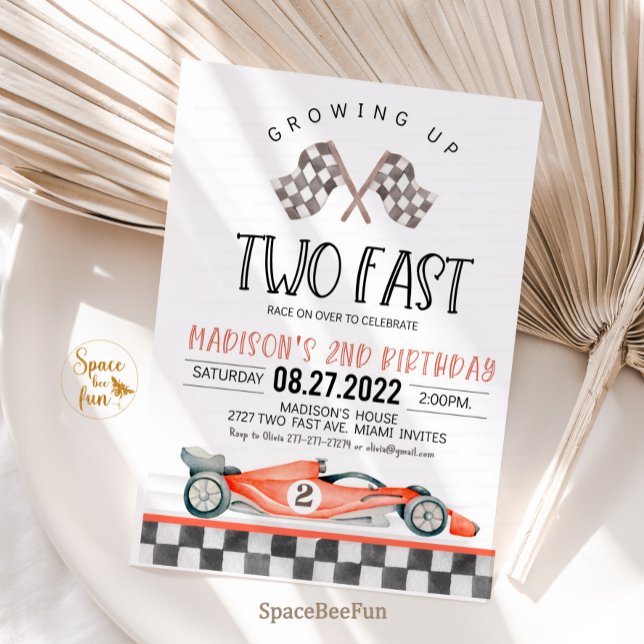 Två snabbdagsinbjudningar till Tävling-bilen, andr Inbjudningar (Two Fast Birthday Invitation Race Car 2nd Birthday Invite Racing Car Vintage Racecar 
)