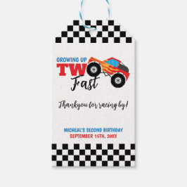 Två snabbmonster Lastbil 2:a födelsedag Tack Presentetikett