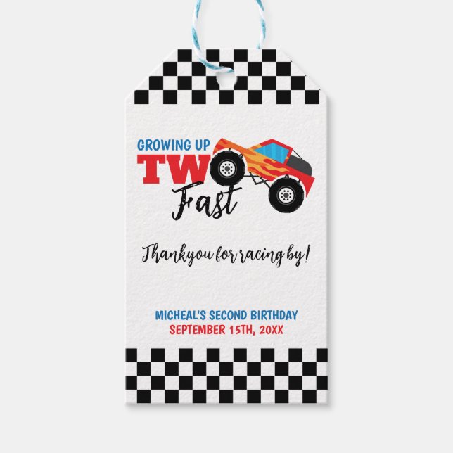 Två snabbmonster Lastbil 2:a födelsedag Tack Presentetikett (Framsidan)