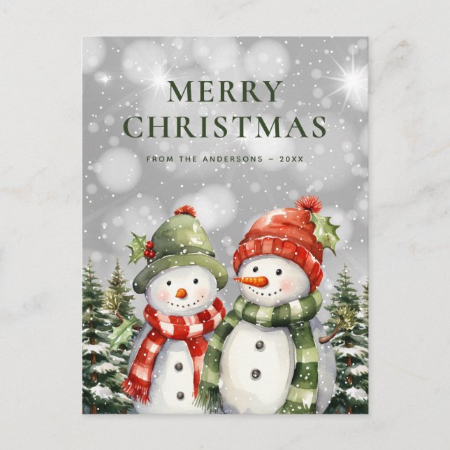 Två Snögubbar God jul Helg Vykort (Framsida)