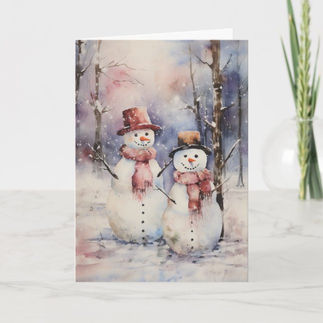 Två Snögubbar i Hats och Scarves jul Hälsning Kort (Framsida)