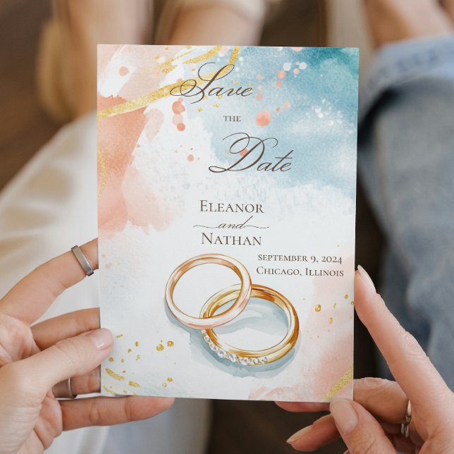 Två sofistikerade Guld-Bröllop-Ringar Spara datum Inbjudningar (Skapare uppladdad)