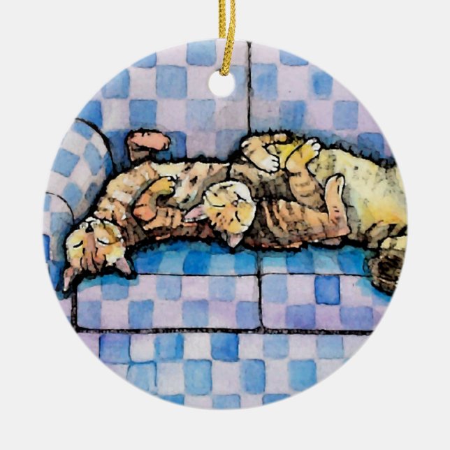 Två sömniga tabbykatter-ornament julgransprydnad keramik (Framsidan)
