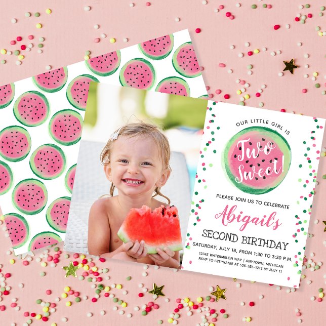 Två söta 2-års födelsedagspartaj med vattenmelon inbjudningar (Skapare uppladdad)