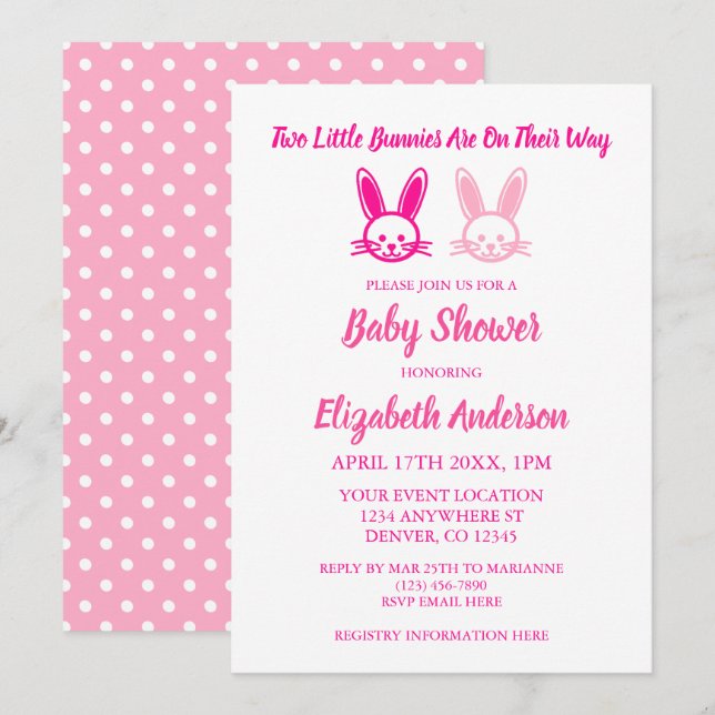 Två söta Bunnies Twin Girls Baby Shower Inbjudningar (Fram/baksida)