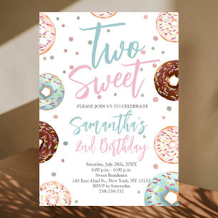 Två söta Donuts Watercolor Girl Second Birthday Inbjudningar