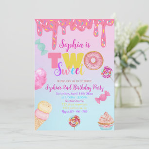 Två söta flickor Donut Rosa candy 2:a födelsedagen Inbjudningar