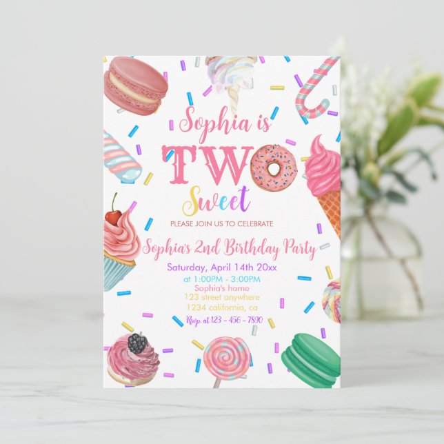 Två söta flickor Donut Rosa Dessert 2:a födelsedag Inbjudningar (Stående Fram)