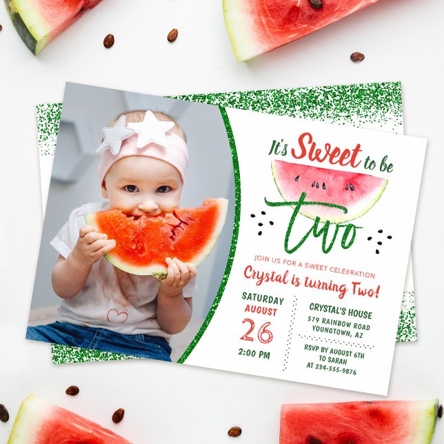 Två söta glittervattenmelon andra födelsedagsfoto inbjudningar (Skapare uppladdad)