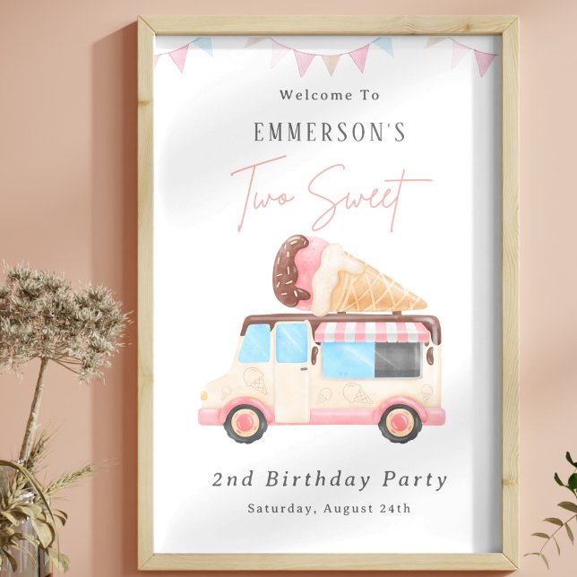 Två söta isbil 2-års välkomstskylt poster (Two Sweet Ice Cream Truck 2nd Birthday Welcome Poster)