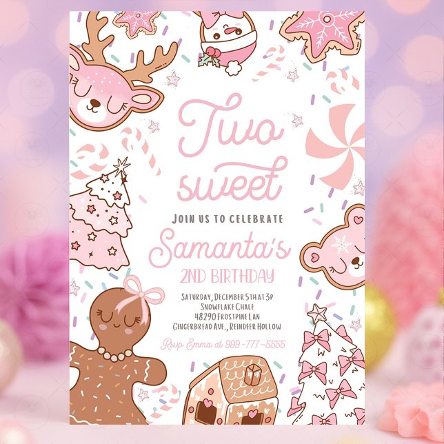Två söta julnybörjare, andra födelsedagen Party Inbjudningar (Two Sweet girl Christmas cookie second birthday party invitation with gingerbread, holiday cookies, )