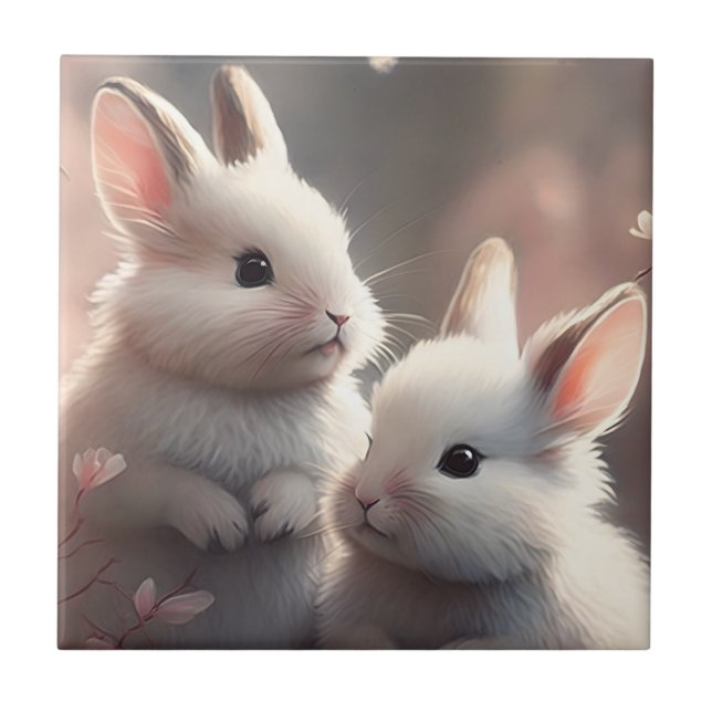 Två söta kaniner med sakura Ceramic Tile Kakelplatta (Framsidan)