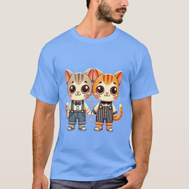 Två söta kattvänner som håller hand pojke t shirt (Framsida)