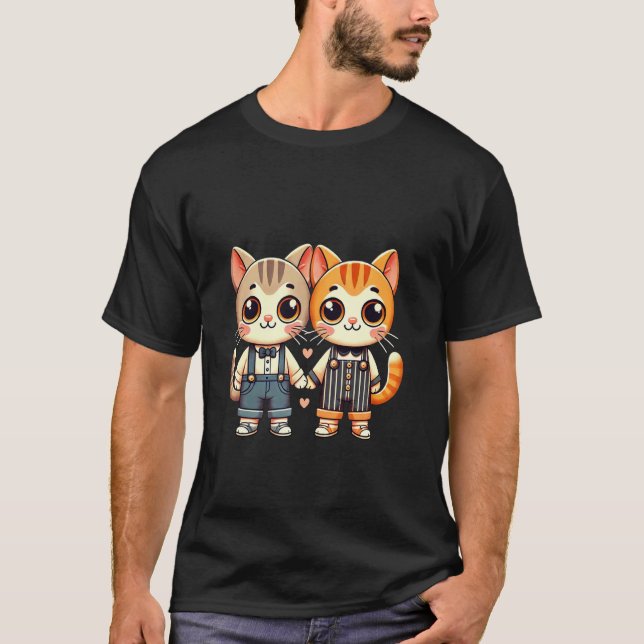 Två söta kattvänner som håller hand t shirt (Framsida)