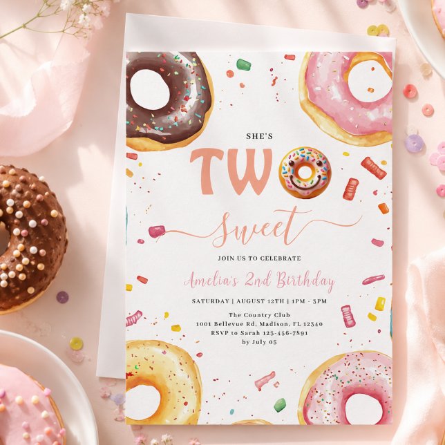 Två söta munkar 2-års födelsedagsfest inbjudningar (Two Sweet Donuts 2nd Birthday party Invitation)