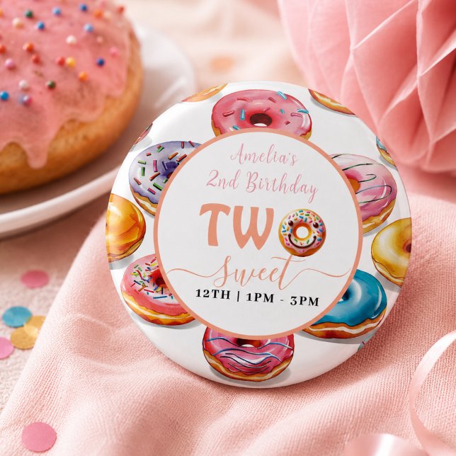 Två söta munkar 2-års födelsedagsfest knapp (Two Sweet Donuts 2nd Birthday party Button)