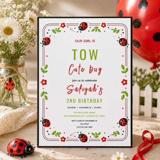 Två söta nyckelpigor 2-års födelsedagsfest för bar inbjudningar (Two Cute Ladybug 2nd Birthday Party for Kids Invitation
)