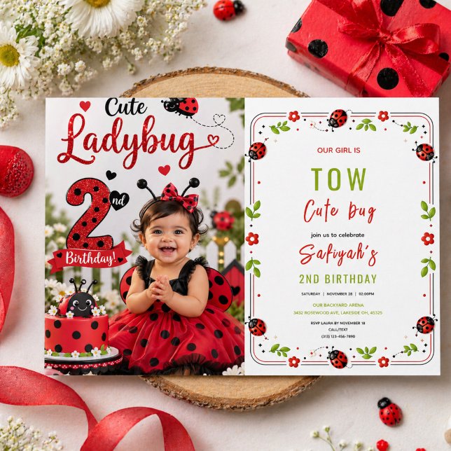Två söta nyckelpigor 2-års födelsedagsfest för bar inbjudningar (Two Cute Ladybug 2nd Birthday Party for Kids Invitation
)