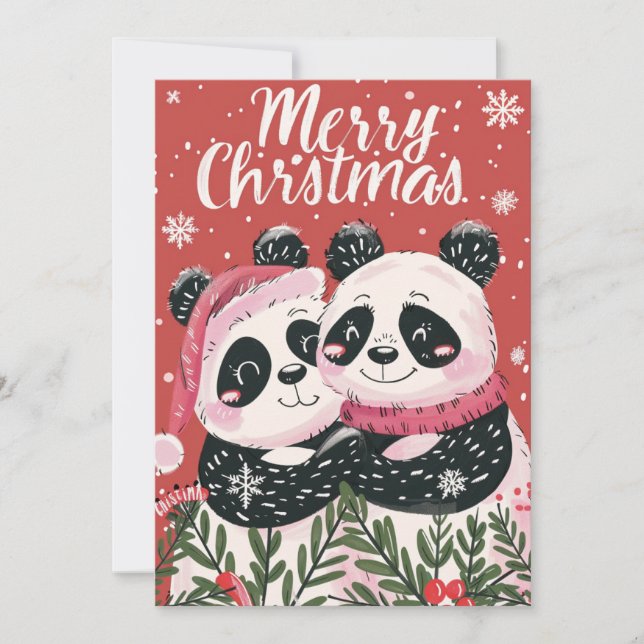 Två söta Panda God jul Julkort (Framsida)