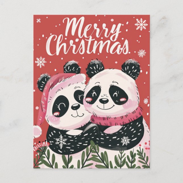 Två söta Panda God jul Vykort (Framsida)