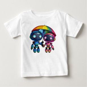 Två söta robotar med ett färglöst paraply t shirt