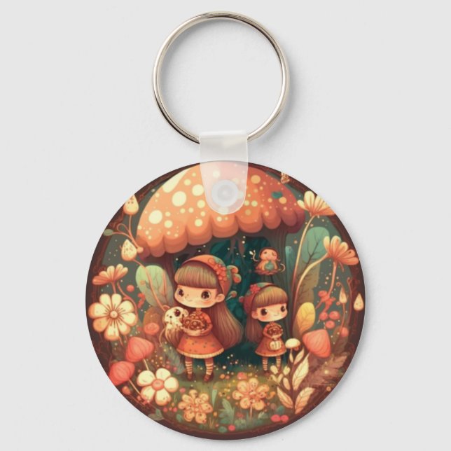 Två söta, små älvar under svampar nyckelring (Framsida)