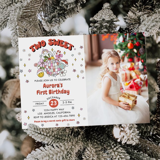 Två söta snygga groovy boll födelsedagsfest foto inbjudningar (Skapare uppladdad)