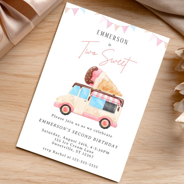 Två söta söta islastbil 2-års födelsedag inbjudningar (Two Sweet Cute Ice Cream Truck 2nd Birthday Invitation)