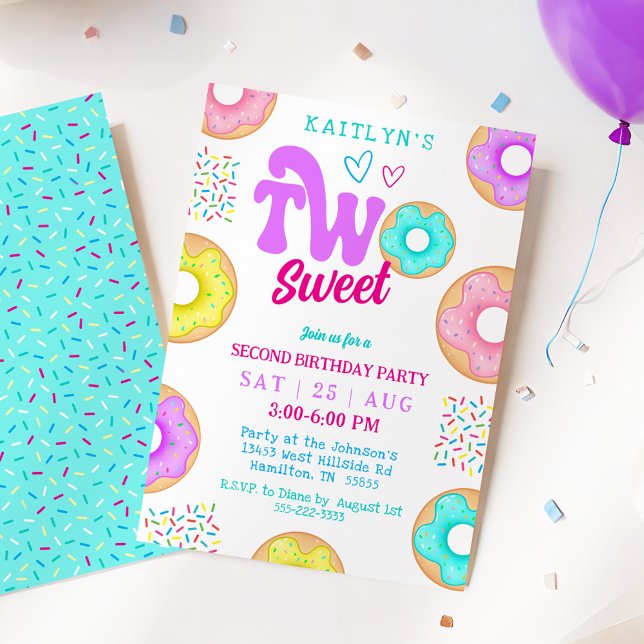 Två söta strössel munkar andra födelsedagsfest inbjudningar (Two Sweet Sprinkle Doughnut Second Birthday Party Invitation)