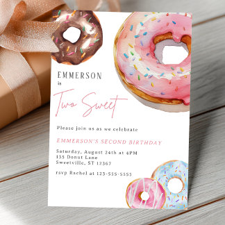 Två söta vattenfärgdonut 2-års födelsedagsinbjudan vykort