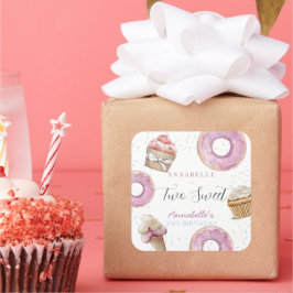 Två sötade Cupkaka och Donuts Girl 2:a födelsedage Fyrkantigt Klistermärke