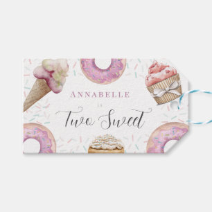 Två sötade Cupkaka och Donuts Girl 2:a födelsedage Presentetikett