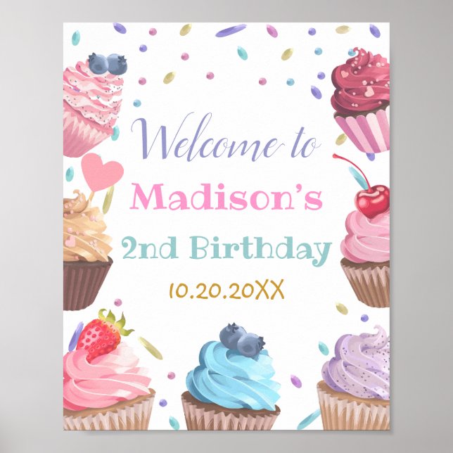 Två sötade Cuptårta 2:a födelsedag Candy Party Väl Poster (Framsidan)