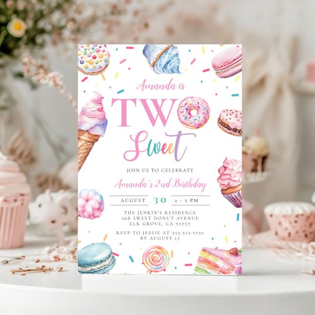 Två sötade Pastel Rosa Donut Candy 2:a födelsedage Inbjudningar (Skapare uppladdad)