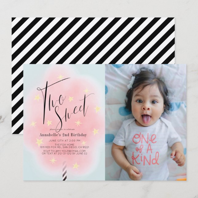 Två sötade Rosa Cotton Candy 2:a födelsedagsfoto Inbjudningar (Fram/baksida)