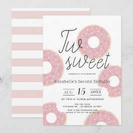 Två sötade Rosa Donut Girl 2:a födelsedagen Inbjudningar