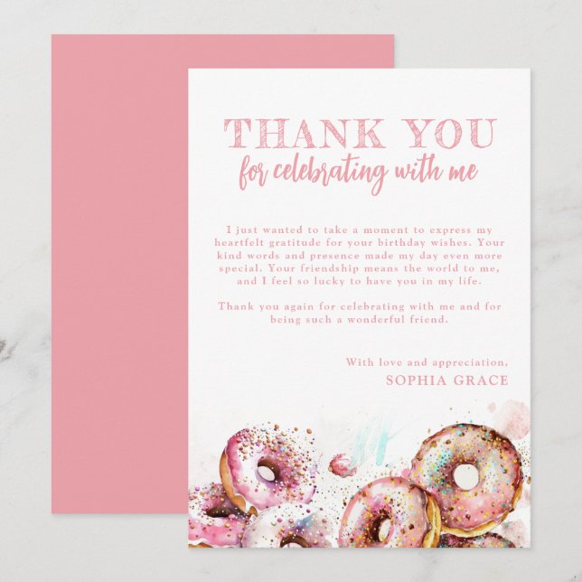 Två sötade Rosa Donut Girl 2:a födelsedagen Tack Kort (Fram/baksida)