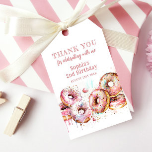 Två sötade Rosa Donut Girl 2:a födelsedagen Tack Presentetikett