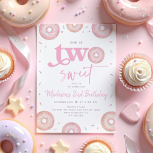 Två sötade Rosa Pastel Donut, andra födelsedagen Inbjudningar