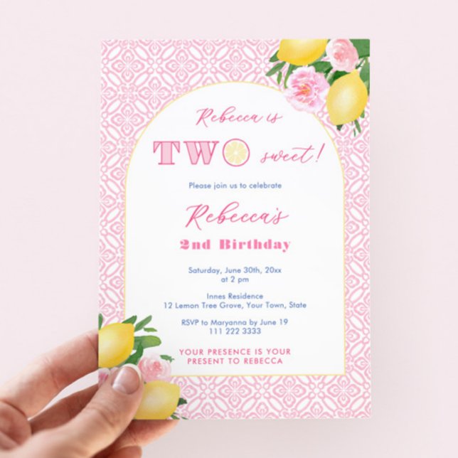 Två sötcitrusblommor Rosa 2:a födelsedagen Party Inbjudningar (Two sweet lemons 2nd birthday party invitations for girl featuring watercolor pink florals and tiles)