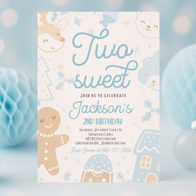 Två sötingar Julkookie 2:a födelsedagen Party Inbjudningar (Two Sweet boy Christmas cookie second birthday party invitation with gingerbread, holiday cookies, a)