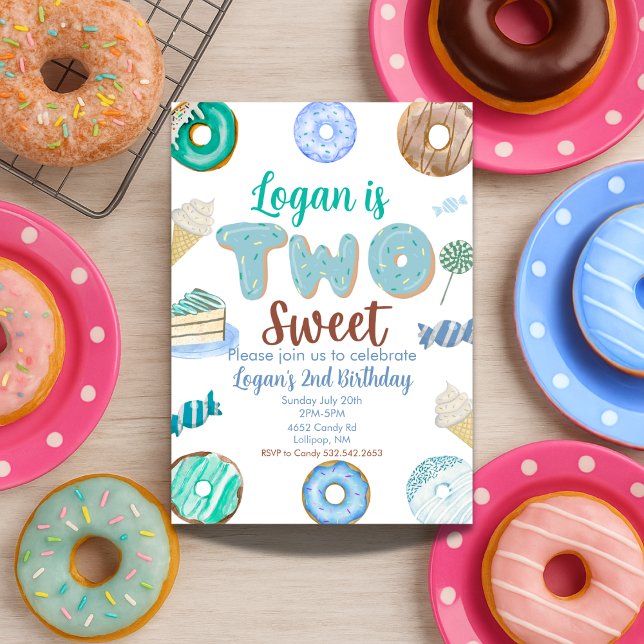 Två sötsaker, andra födelsedag för Boy Donut Candy Inbjudningar (Skapare uppladdad)