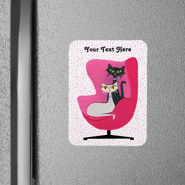 Två Sötter under Mid Century Cats Diamond Collars  Magnet (PRetty mid century cats diamond collars in pink chair on pink dotted white flexible magnet.)