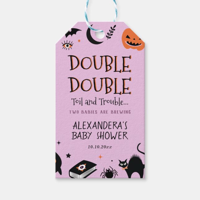 Två Spädbarn delar Twillingar Halloween Baby Showe Presentetikett (Framsidan)