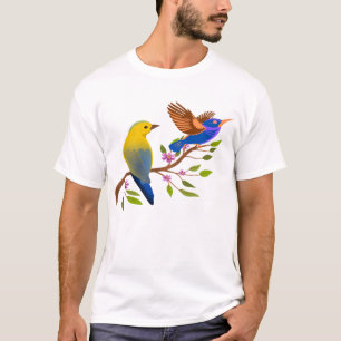 Två sparvar sitta vid träd gren t shirt