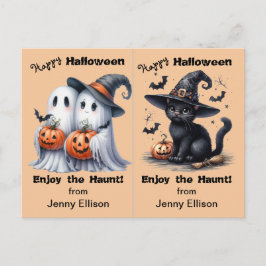 Två Spöken- och Black Cat Party Halloween-kort Vykort