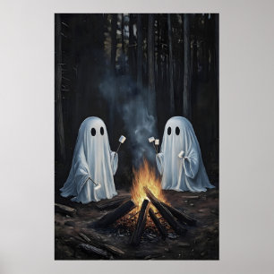 Två spöken vid lägereld i skogen med marshmallows poster