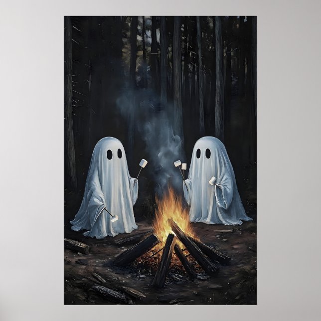 Två spöken vid lägereld i skogen med marshmallows poster (Framsidan)