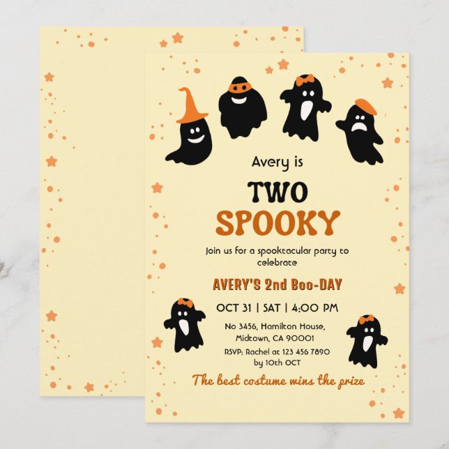 Två spöklika Halloween födelsedagsghost Whimsical  Inbjudningar (Fram/baksida)